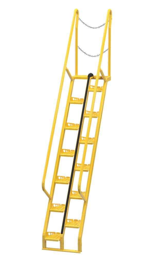 The Vestil Alternate Tread Stair, in yellow, features a 56-degree incline with handrails on both sides. It has a 95.87-inch stairway with perforated steps for grip, a safety chain at the top, and is angled for easy climbing.