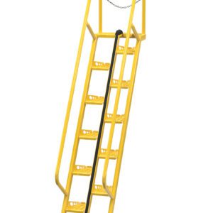 The Vestil Alternate Tread Stair, in yellow, features a 56-degree incline with handrails on both sides. It has a 95.87-inch stairway with perforated steps for grip, a safety chain at the top, and is angled for easy climbing.