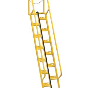 The Vestil Alternate Tread Stair 56 Degree 107.75 In features a yellow metal staircase with dual handrails, a top safety chain, and perforated steps for grip on steep inclines.