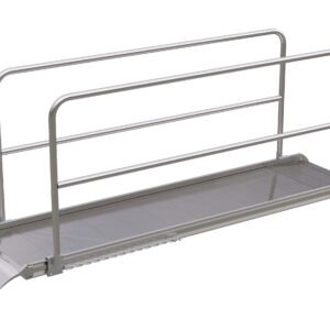 The Vestil Alum Walk Ramp Handrail Overlap, 120 x 28 inches, features a metallic finish and robust side rails. Its textured surface and sloped end improve accessibility, while the minimalist design contrasts against a white backdrop.