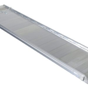 The Vestil Alum Walk Ramp Overlap Style 120 X 28 In, a long, flat silver metal ramp with a grooved surface and slightly raised edges, is set diagonally against a plain white background.