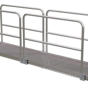 The Vestil Alum Walk Ramp Handrail Overlap, measuring 144 x 28 inches, features durable handrails and a nonslip surface with a gentle incline for easy access over steps or low platforms, ensuring safety and reliability.