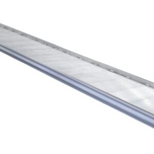 A long inclined metal ramp with raised edges is shown from an angled top-down perspective. The Vestil Alum Walk Ramp, Overlap Style, measuring 192 x 28 inches, offers a smooth surface ideal for loading=