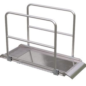 The Vestil Alum Walk Ramp Handrail Overlap 72 x 28 inches is a compact metallic wheelchair ramp with handrails on both sides, a textured surface, and slight inclines at each end for easy access.