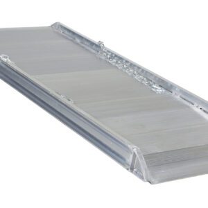 The Vestil Alum Walk Ramp Overlap Style 72 x 28 in boasts a smooth surface with raised edges, a slightly inclined design, shiny silver construction, and includes a side chain for secure attachment.