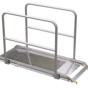 The Vestil Alum Walk Ramp Handrail Hook, measuring 73.87 x 28 inches, is a sturdy metal platform with a grated surface and slight incline, designed for safely moving heavy items. Safety rails provide reliable support on both sides.
