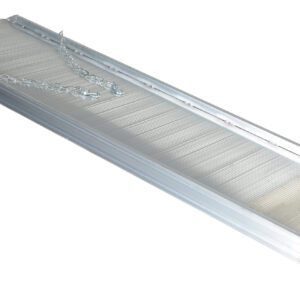 The Vestil Alum Walk Ramp Overlap Style 84 x 28 in has a metallic build with a textured surface, raised edges, and a loose chain on top, offering an accessible and smooth incline for mobility devices.