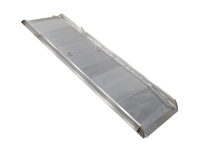 AWR-28-8B_A.jpg The Vestil Alum Walk Ramp Hook Style (97.68 X 28 inches) features raised edges and a textured surface, with two side chains ensuring stability as it inclines, highlighting its robust build and functionality.