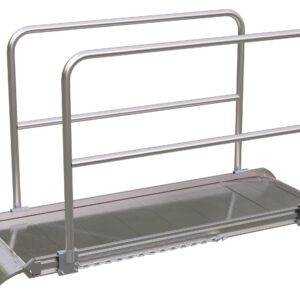 The Vestil Alum Walk Ramp Handrail Overlap, sized at 108 x 28 inches, is a sturdy metal pedestrian bridge with side railings, a grated surface, and slight inclines for enhanced accessibility and safety. Its designed to be portable and lightweight.