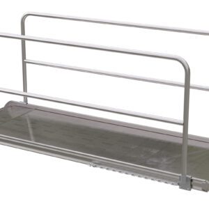 The Vestil Alum Walk Ramp Handrail Overlap 120 x 38 inches is a metallic wheelchair ramp with side rails, featuring a textured surface for accessibility and aiding movement over elevation changes.