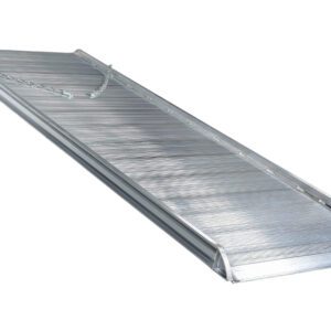 The Vestil Alum Walk Ramp Overlap Style, measuring 120 x 38 inches, is a silver metal loading ramp with a textured surface for traction and a safety chain at the top, ideal for moving items onto higher surfaces against a plain white backdrop.