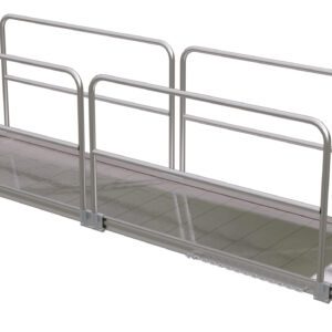 A metal pedestrian footbridge with railings on both sides, similar to the Vestil Alum Walk Ramp Handrail Hook 169.25 x 38 in. It features a slight incline and gridded surface for traction, with a straightforward design ideal for temporary or permanent installations in diverse settings.