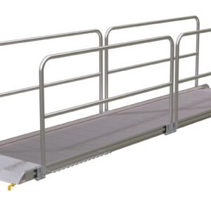 The Vestil Alum Walk Ramp Handrail Hook, measuring 193.12 x 38 inches, features handrails on both sides and a non-slip surface for easy wheelchair access or safe walking over elevated areas.