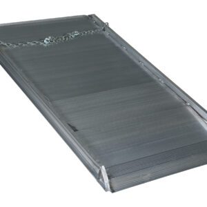 The 72 x 38 in Vestil Alum Walk Ramp Overlap Style features a ribbed metal surface, raised edges, and a top safety chain for secure use. Its slight angle is ideal for providing access or loading on elevated surfaces.