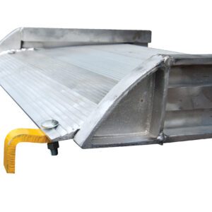 Close-up of a sturdy metallic loading ramp resembling the durable Vestil Alum Walk Ramp Hook Style 85.31 x 38 In, featuring a corrugated surface and yellow hooks, with an angle showcasing robust construction likely from steel or aluminum for reliability and support.