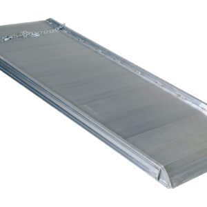 A shiny, metallic slide made of corrugated metal resembles the sleek design of a Vestil Alum Walk Ramp Overlap Style 96 X 38 In, with raised edges and a small chain at the top. Its smooth surface brilliantly reflects light.