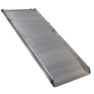 The Vestil Alum Walk Ramp Hook Style 97.68 X 38 In is made of aluminum and includes safety rails and a securing chain, featuring grooved surfaces for traction. Its shown angled and unfolded in the image for easy access.