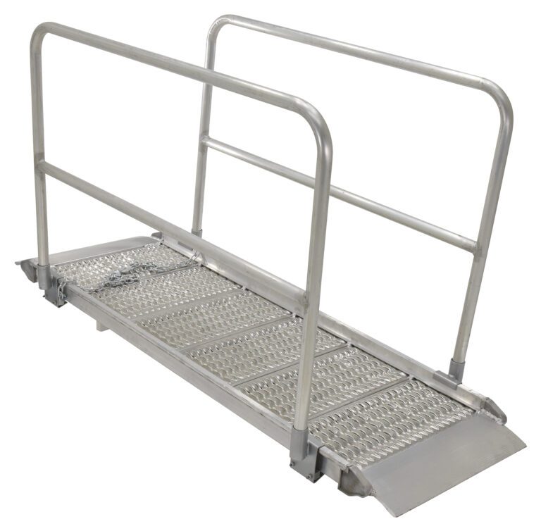 AWR-G-28-16A-HR_A.jpg Image of a Vestil Alum Grip Walk Ramp Handrail 29.38 X 190.75, showcasing dual handrails and a textured silver surface for better grip, leading to a flat platform via a gradual incline.