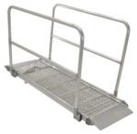 The Vestil Alum Grip Walk Ramp Handrail, sized at 39.38 x 85 inches, ensures wheelchair and mobility assistance with a textured aluminum surface and sturdy handrails for safety on a pristine white background.