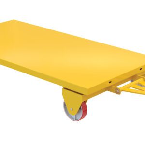 The Vestil All Wheel Steer Truck features a 36 x 72 deck, effortlessly moving loads up to 3,600 lb. This yellow flatbed trolley with a sturdy handle and four red wheels is perfect for transporting your toughest items with ease.