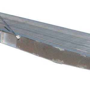 The Vestil Aluminum Yard Ramp 20K Lb 95W x 360L In has a grated surface, wheels, and a handle for easy maneuverability, offering smooth heavy-duty use and seamless transport during loading tasks.
