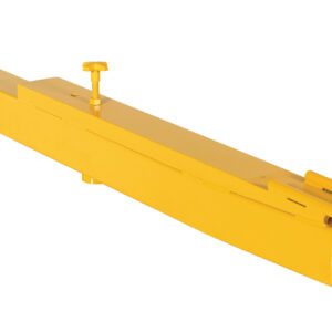 The yellow lifting beam with a rectangular base and adjustable hook pairs industrial aesthetics with functionality. Featuring the Vestil Yard Ramp Option-Tow Bar Hitch, it excels at effortlessly hoisting or moving heavy objects.