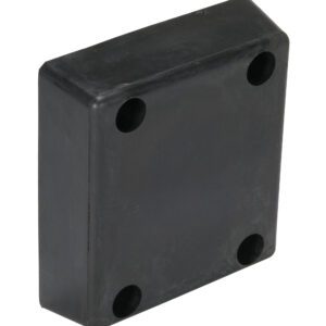The Vestil Molded Rubber Bumper, measuring 12-13/16 x 11-13/16 x 3-7/8, is a black rectangular rubber block with beveled edges and four evenly spaced holes on one face. Its smooth surface contrasts sharply against a plain white background.