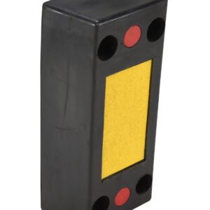 The Vestil Rectangle Molded Rubber Bumper 24X12X6 Blk resembles a domino with a yellow center, featuring two red circles and four smaller black ones arranged like a face.