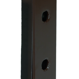 A rectangular, dark brown metal block resembles the Vestil Steel Face Molded Rubber Bumper 2-5/8X5X16-1/8 Blk, featuring two vertically aligned circular holes and standing upright against a pristine white background.