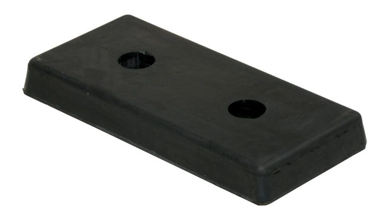 The Vestil Rectangle Molded Rubber Bumper, sized 17-1/2X8X2 in black, has a rectangular design with rounded edges and two holes at each end. It is displayed flat on a white background, highlighting its sturdy construction.
