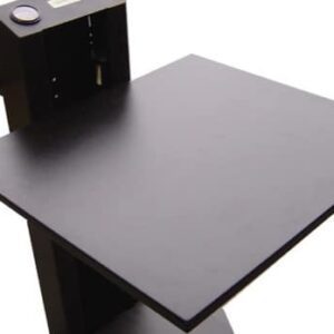 A black podium with a flat top surface, suitable for holding papers or electronic devices during a presentation. It features a microphone and a control panel on the side, and a handle for mobility.