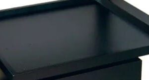 Close-up of a black metal utility cart with two open shelves. The cart has a small power switch on the side and a flat top surface.