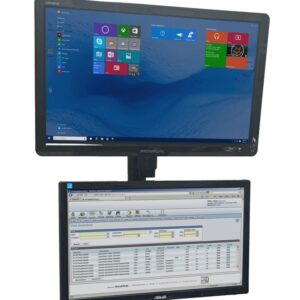 Two computer monitors are stacked vertically in a sleek laboratory design. The top monitor displays a Windows desktop with various application tiles, while the bottom showcases a spreadsheet filled with columns and rows of text and numbers.