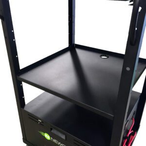 A black multi-tiered rolling cart with shelves, featuring a logo reading Newcastle Systems at the bottom. It has green wheels and red cables neatly coiled on one side.