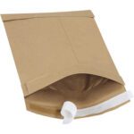 A partially folded, open 6 x 10 Kraft envelope reveals its interior and adhesive tape for sealing. These brown self-seal padded mailers come in a 25-pack, offering durable protection for every item mailed.