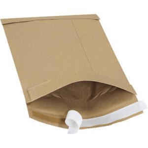 A 7 1/4 x 12 Kraft Lbs1 Self-Seal Padded Mailer from a pack of 100 is shown open with its flap pulled back, revealing a white adhesive strip. The empty mailer sits against a white background, ready to securely store your items.