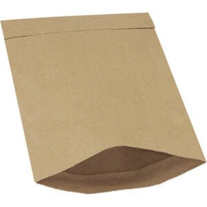 An 8 1/2 x 12 brown kraft paper bag with a flat bottom is set against a white background, and its open top shows its plain interior, similar to the Lbs2 padded mailers (100/Case) used for secure packaging.