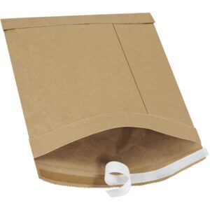 The 8 1/2 x 12 Kraft padded mailer from the Lbs2 self-seal pack is open and flat, with its square flap partially peeled to show the white adhesive underneath, perfect for secure mailing.