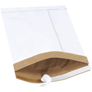 The MH-USA 8 1/2 x 12 White Lbs2 Self-Seal Padded Mailers feature a white exterior, brown interior, and self-sealing adhesive on the flap. These mailers, available in cases of 100, are ideal for secure shipping needs.