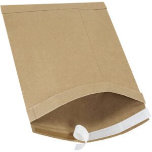 A blank 8 1/2 x 14 1/2 Kraft envelope from our Lbs3 Self-Seal Padded Mailers (25 Pack) lays open with its expandable opening and effortless peel-and-seal strip exposed, ready to secure your contents for mailing.