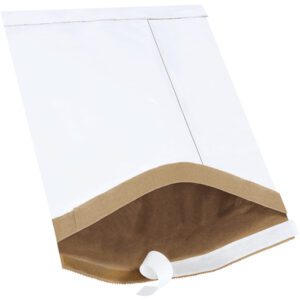 The MH-USA 8 1/2 x 14 1/2 white bubble mailer, featuring a durable brown interior and convenient self-seal strip, is designed for shipping and protection. It comes in a pack of 100 per case.