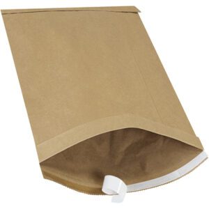 The 10 1/2 x 16 Kraft Lbs5 Self-Seal Padded Mailer, shown partially open with a white adhesive strip, comes in a 25 pack and provides reliable lightweight shipping protection.