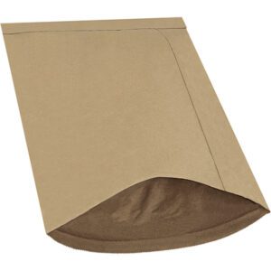 A brown, open 12 1/2 x 19 Kraft Lbs6 Padded Mailer (50/Case) with a top flap lies on a white background, revealing its paper-textured interior.