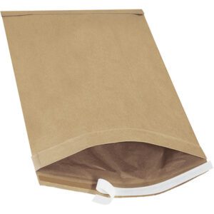 A partially open 12 1/2 x 19 Kraft Lbs6 Self-Seal Padded Mailer from a set of 50 rests on a white background. Its simple brown design is ideal for mailing, offering enhanced protection with padding.