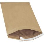 A brown 12 1/2 x 19 Kraft padded envelope, from a pack of 25, lies open on a white background. It features a peel-off adhesive strip for self-sealing and has a slightly darker interior lining for lbs6 padding protection.
