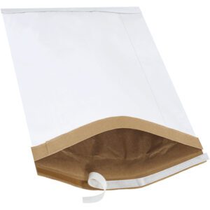 The MH-USA 12 1/2 x 19 white self-seal padded mailers feature a brown interior and adhesive strip under the open flap, ideal for secure shipping. These large mailers come in a convenient 25-pack, perfect for safely and efficiently shipping items.