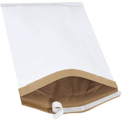 B811WSS.jpg The MH-USA 14 1/4 x 20 White Lbs7 Self-Seal Padded Mailers (50/ Case) feature a protective lining and an adhesive strip for easy sealing, with a brown paper interior to secure items during shipping.