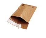 A 12 x 9 Kraft Lbs2 curbside recyclable paper padded mailer with an open flap features a white sealing strip. It shows its depth and padding, ideal for content protection during shipping.