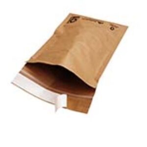 The 12 x 15 Kraft Lbs5 Curbside Recyclable Paper Padded Mailers (100/Case) feature a brown design with an open flap and white adhesive strip, ideal for safely shipping fragile items.