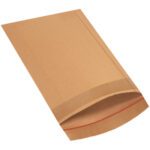 The 10 1/2 x 14 Lbs5 Jiffy Rigi Bag® Mailer (150/Case) is a sturdy mailing option with a brown paper envelope and red adhesive strip, featuring a zigzagged edge and open end for added character.